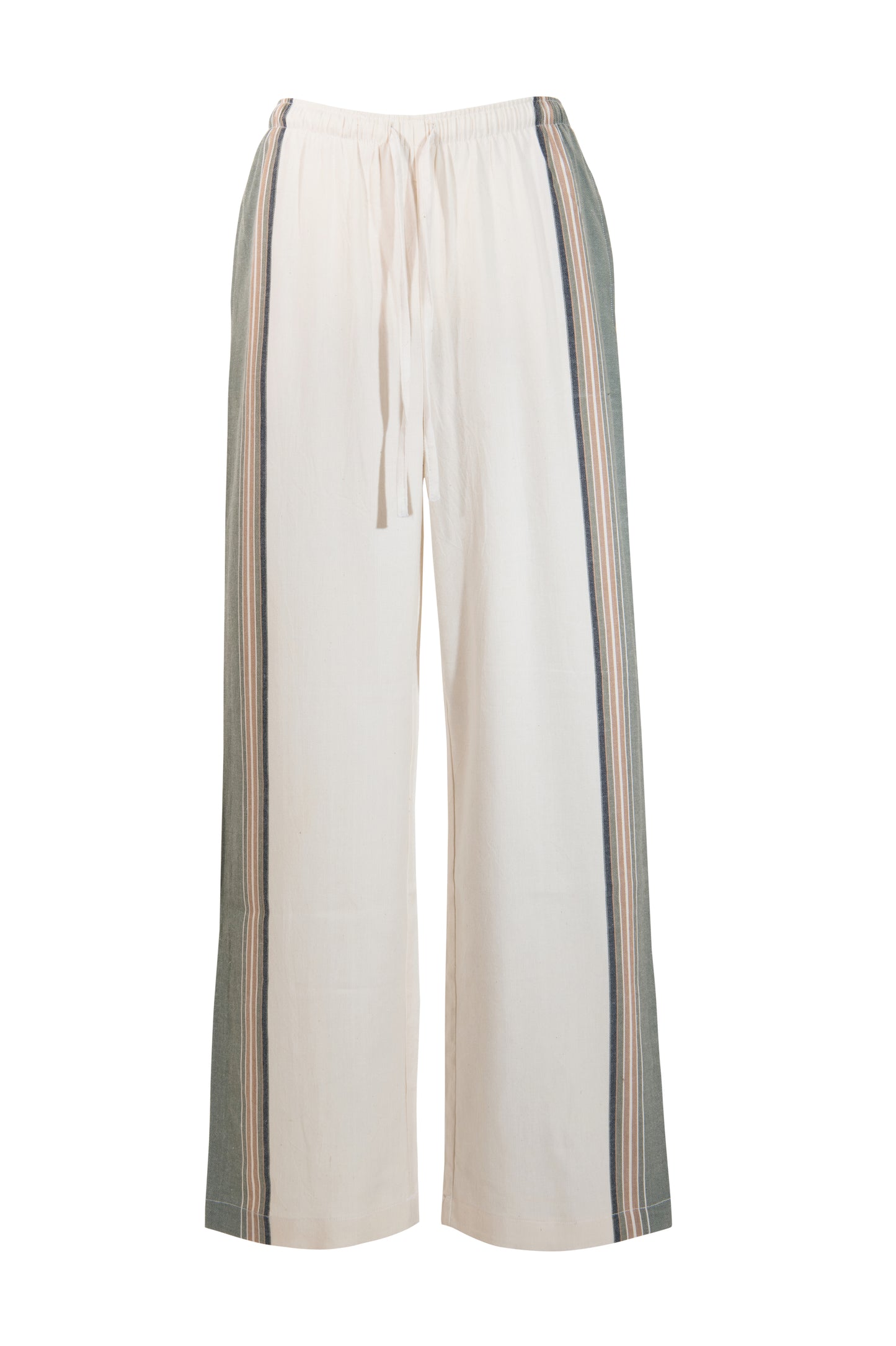 Product image of cream and khaki cotton trousers featuring a wide-leg, relaxed fit with a linen-style drape.