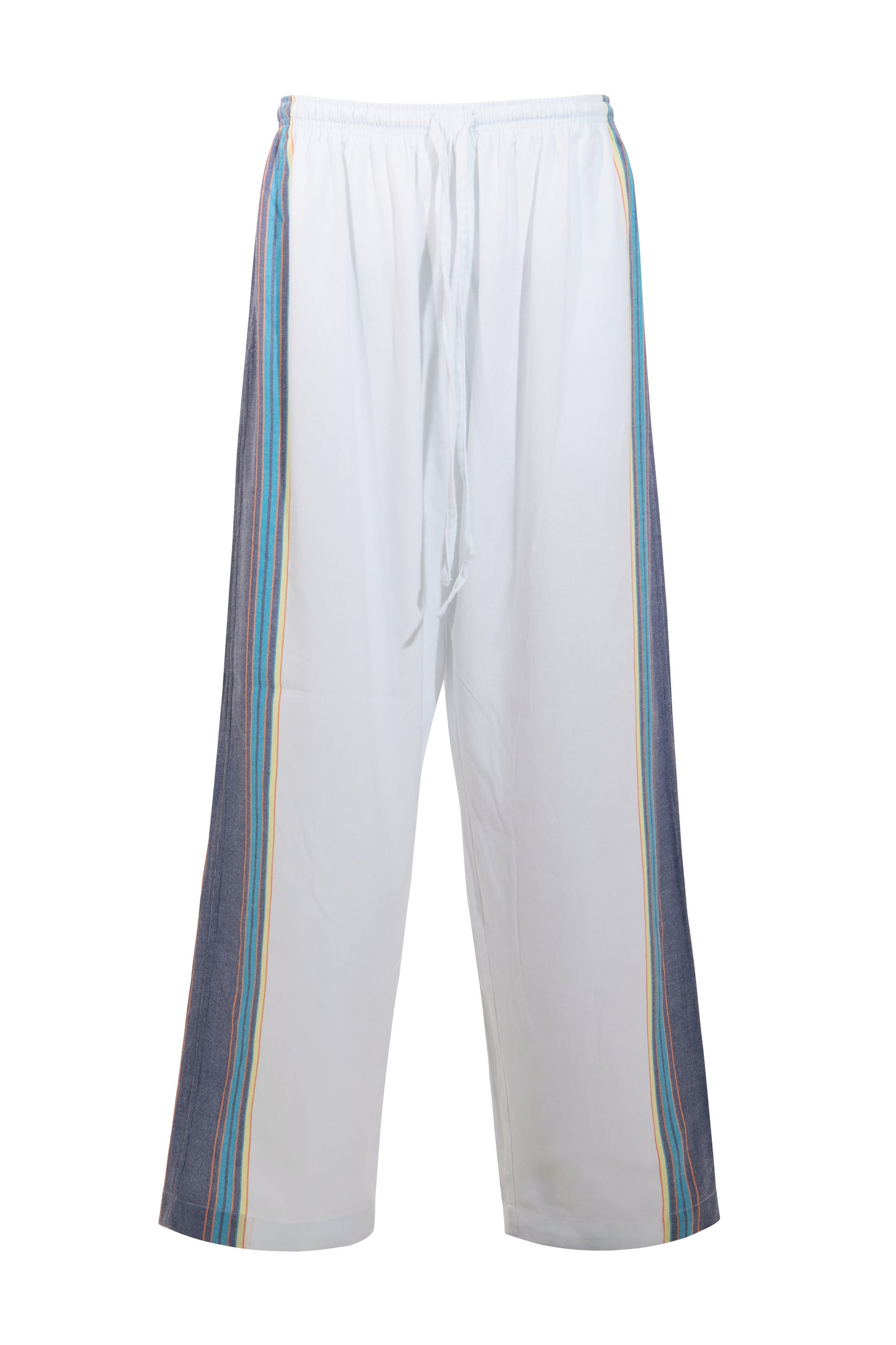 Product image of blue and white cotton trousers with a relaxed, linen-style fit.