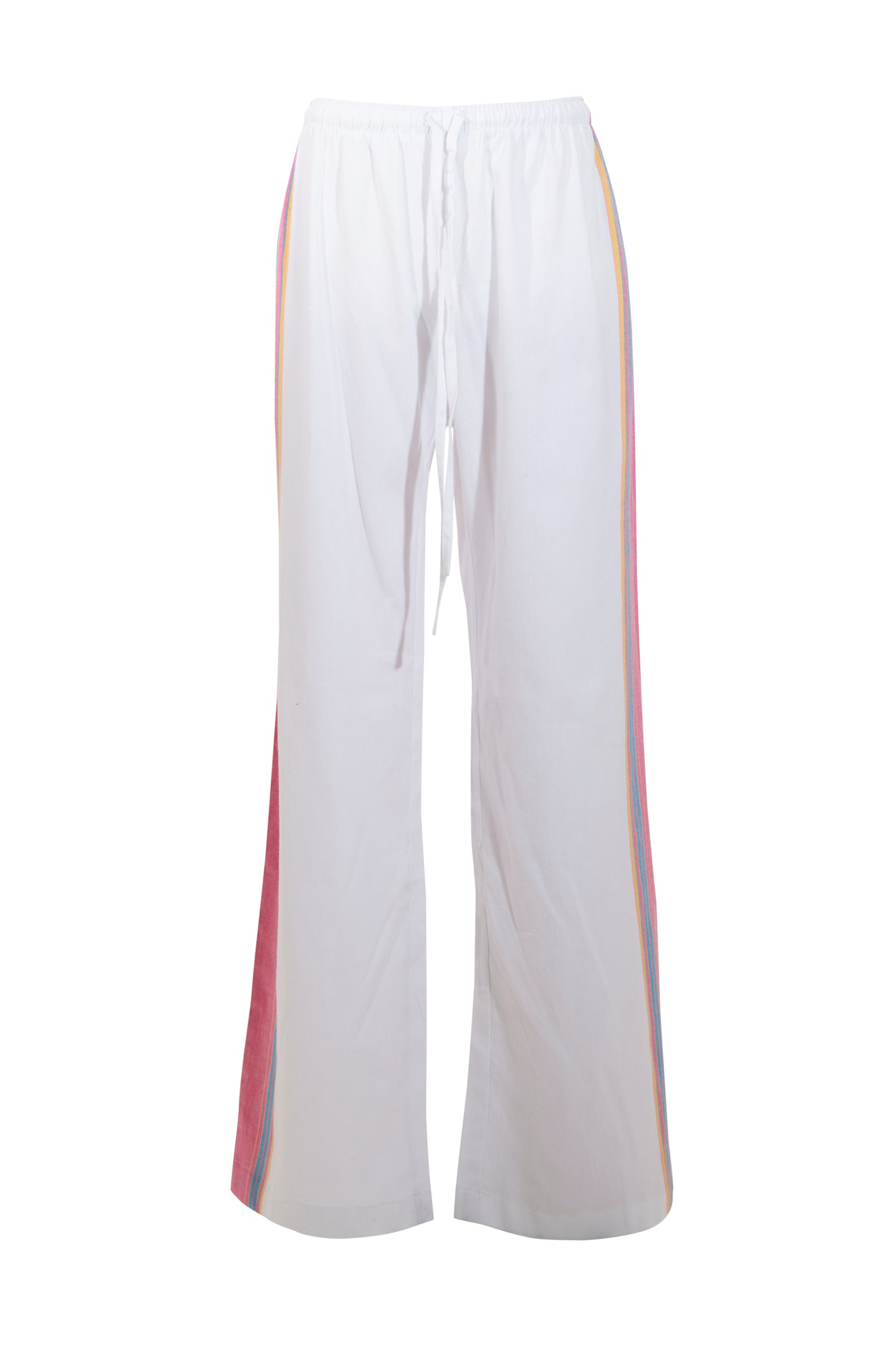 Product image of pink cotton trousers with a relaxed, lightweight fit, styled to resemble linen.