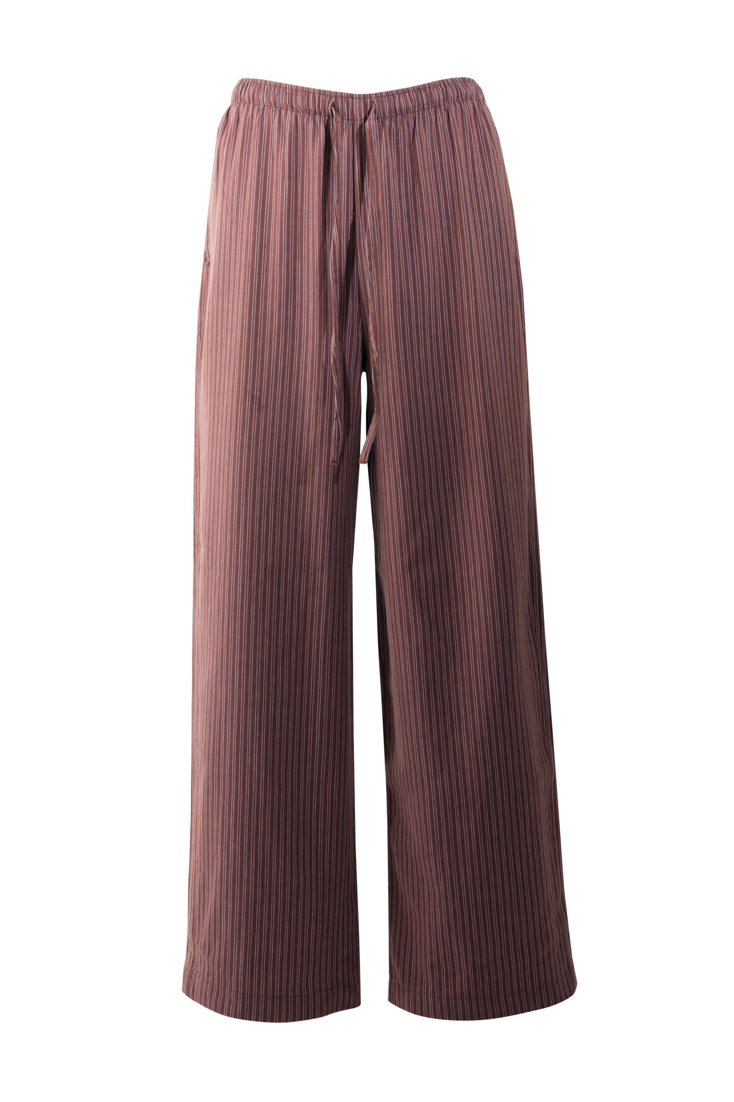 Product image of striped cotton trousers with a relaxed, wide-leg fit, designed to mimic the breezy look of linen.