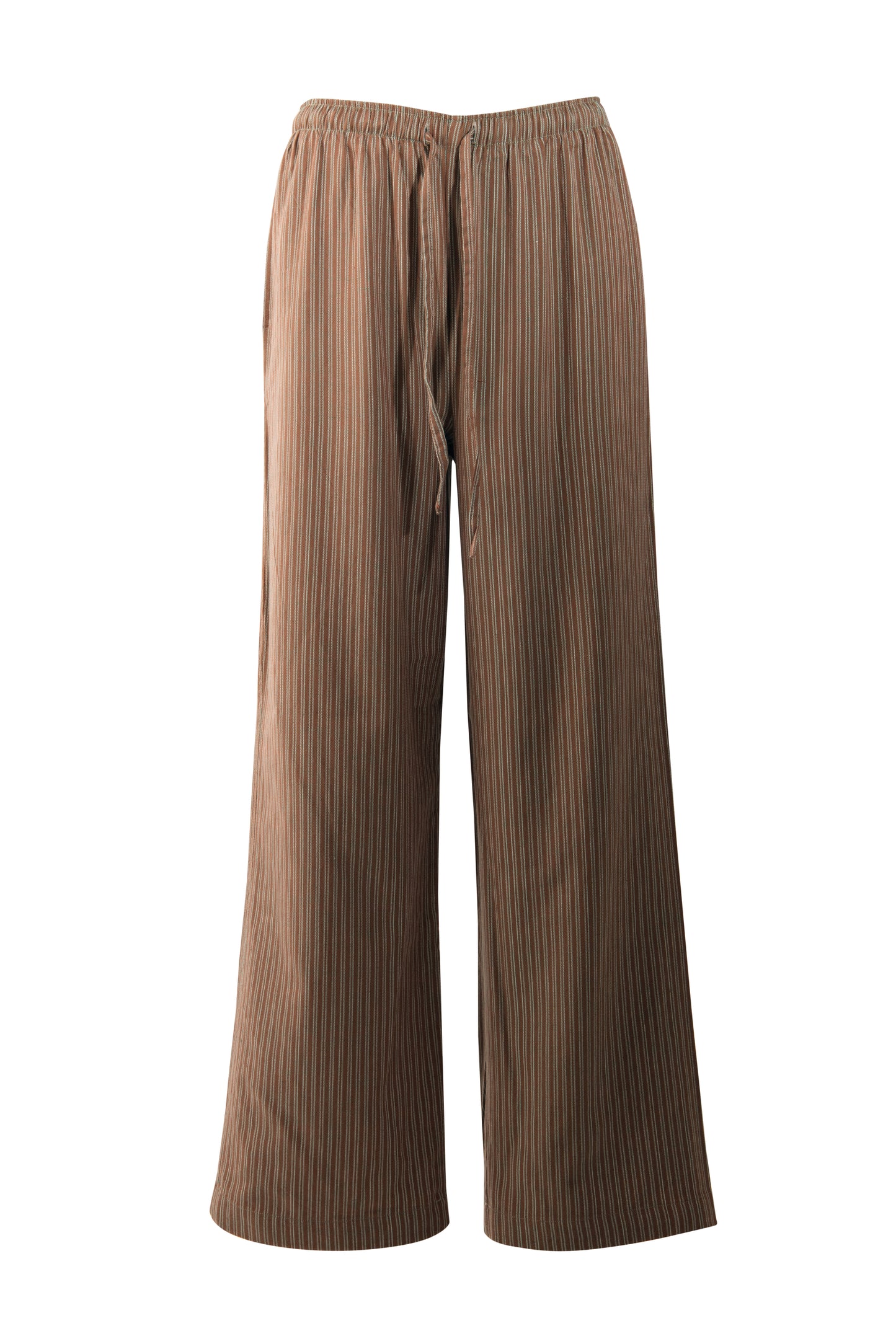 Product image of striped cotton trousers with a relaxed, wide-leg fit, designed to mimic the breezy look of linen.