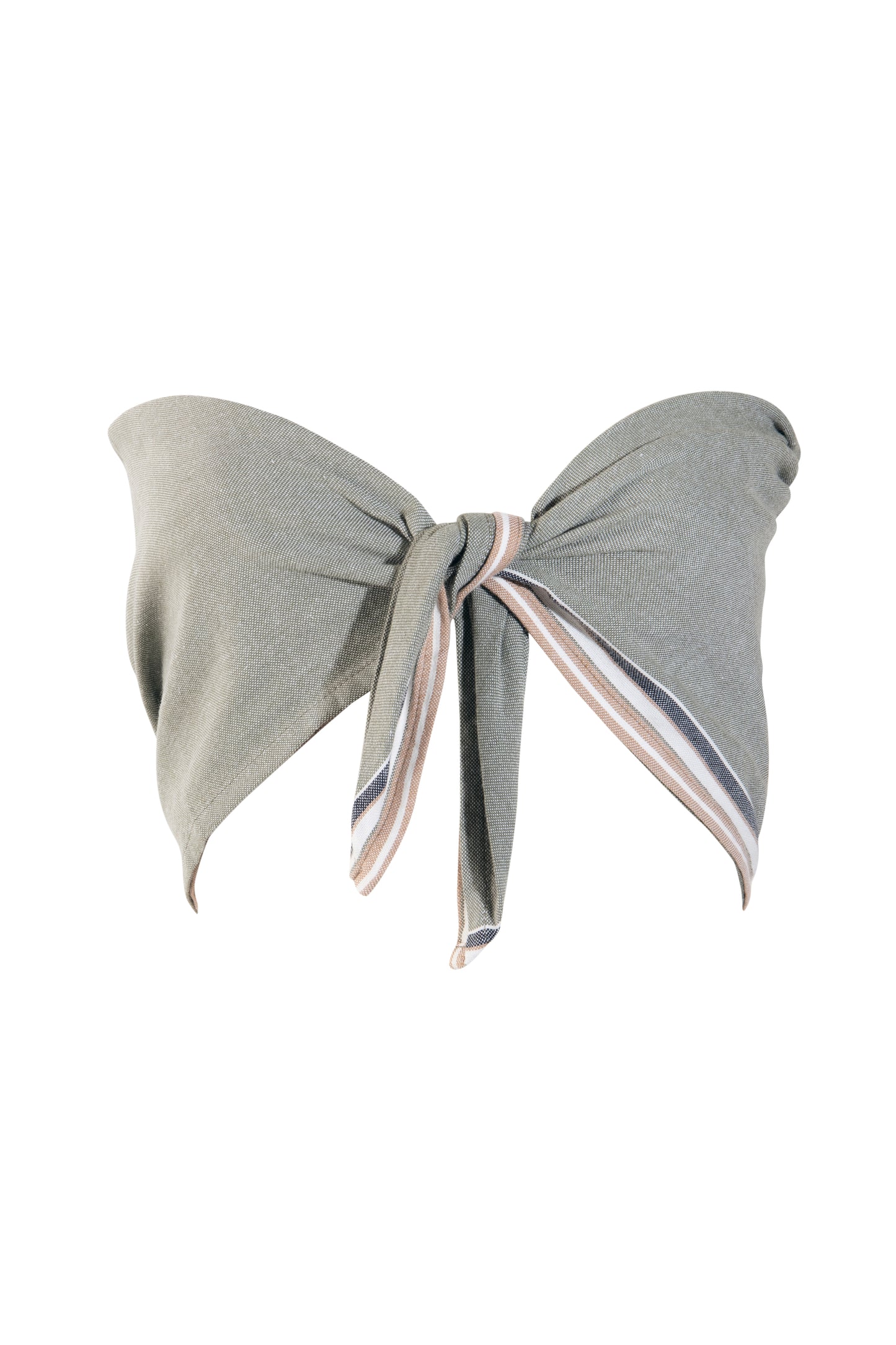 Product image of a cream and khaki cotton scarf top styled as a crop, shown as part of a matching set.